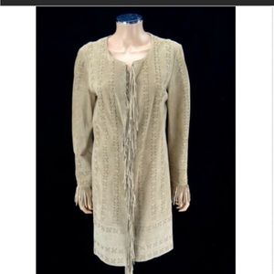 NEWPORT NEWS Suede Fringe Boho Coat Tan Beige